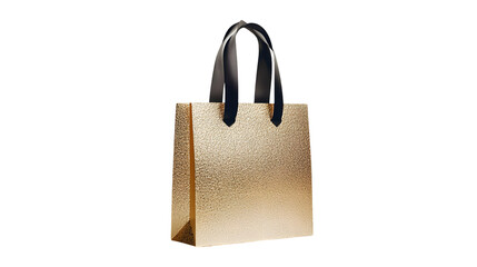Stylish golden shopping bag with elegant ribbon handles isolated on transparent background
