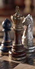 Fototapeta premium Elegant chess pieces highlighting a queen, bishop, and knight on a chessboard