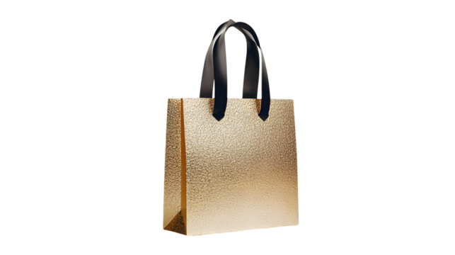 Stylish golden shopping bag with elegant ribbon handles isolated on transparent background