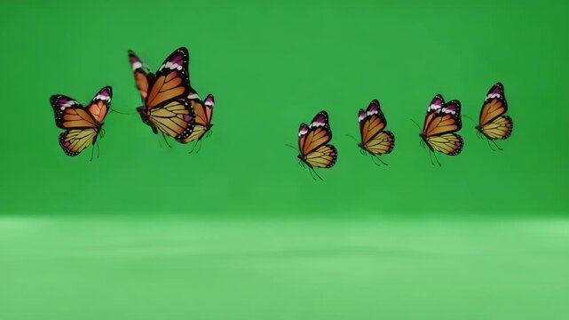 A collection of monarch butterflies in flight against a solid green background.