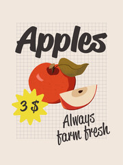 Vintage poster in a postmodern style with minimal design and illustrated red apples. Fruit vintage artwork