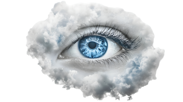Surreal image featuring blue eye within fluffy cloud isolated on transparent background