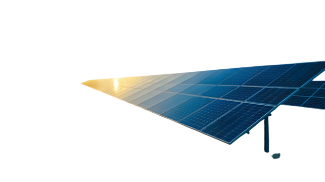 Three solar panels in a row reflecting sunlight isolated on transparent background