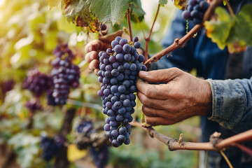 Young farmer hands carefully picking ripe purple grapes, vineyard harvest