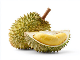 Fototapeta premium Durian with piece isolated on white background, exotic tropical fruit