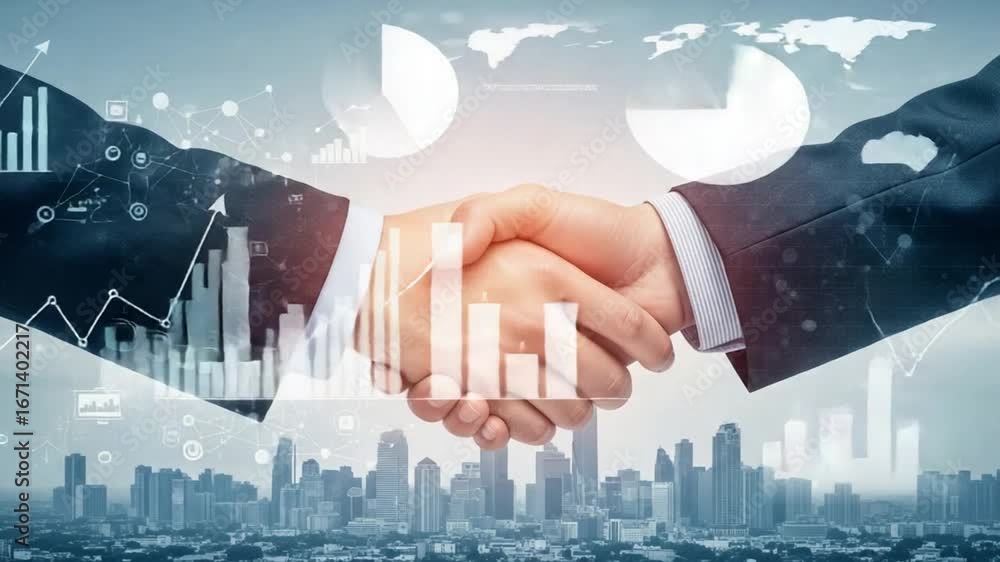 Poster a close up of a handshake between two businesspeople over a city skyline with data visualizations ov
