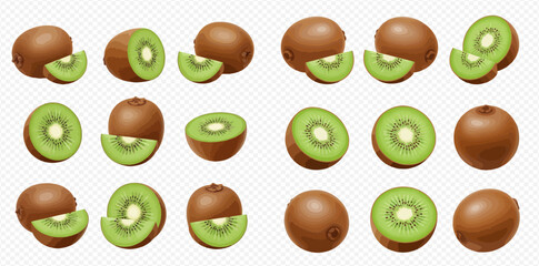 Collection of whole and sliced kiwifruit, various angles and positions.