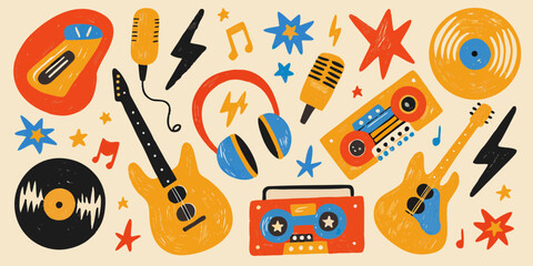 Retro music collage featuring guitars microphones headphones cassette player and vinyl records
