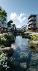 Obraz premium Tranquil canal flowing through a charming town. Modern buildings line the banks, with lush greenery and a small bridge