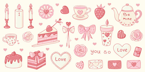Collection of cute pink valentine s day themed illustrations including cakes candles hearts and gifts