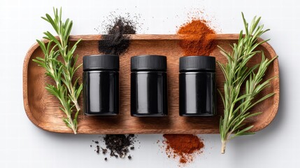 Black jars with rosemary and spices on white for organized Thanksgiving recipe.