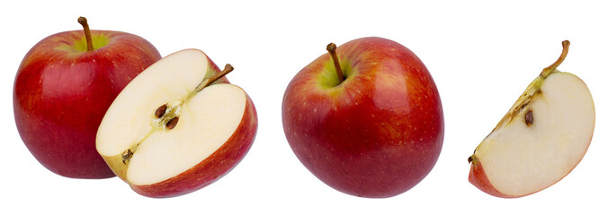 red apples, whole, slice, and wedge on white background.