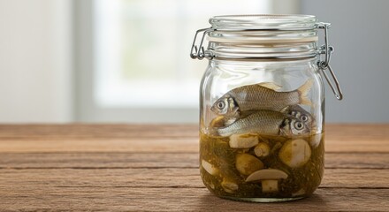 Glass jar of preserved fish and garlic sits on wooden table.