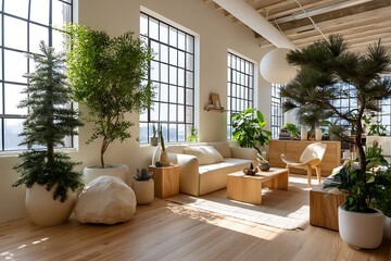 Modern office backdrop featuring plants and natural light, ideal for virtual meetings, Zoom backgrounds, and professional video calls.