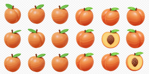 Collection of realistic peach illustrations, whole and halved, showcasing various angles and details.