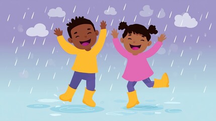 Naklejka premium Children enjoying a rainy day while jumping in puddles and laughing with joy