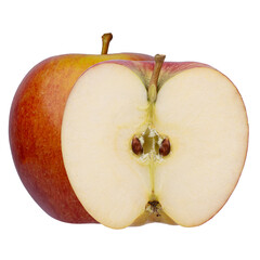 red apple, half apple, isolated on white background.
