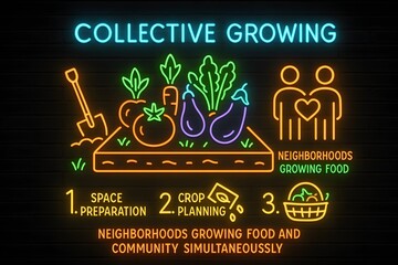 Obraz premium Neon Community Gardening and Urban Farming Infographic with Tools and Plants for Local Food Projects