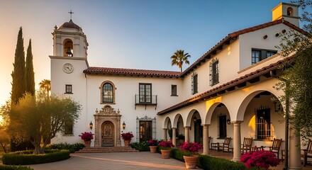 Beautiful Spanish Colonial Revival Architecture at Sunset.