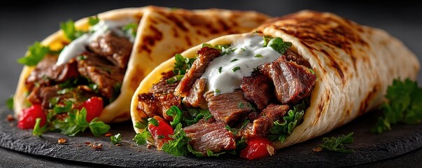 Close-up of lamb shawarma wraps with fresh vegetables and yogurt sauce