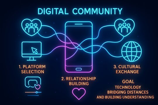 Neon Global Connectivity and Digital Network Infographic with Linked Nodes for International Business Concepts