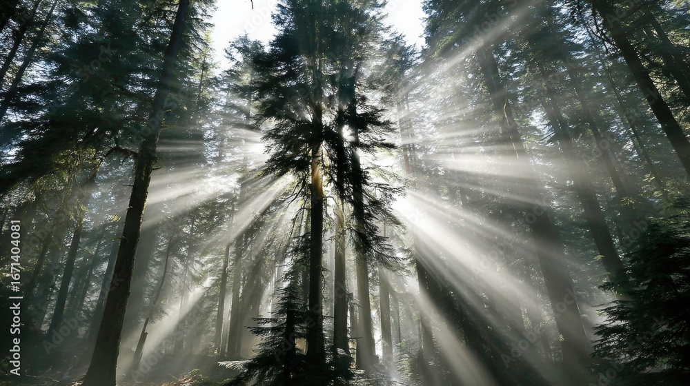 Poster sunlight filters through tall trees in a dense forest during early morning hours, creating a magical