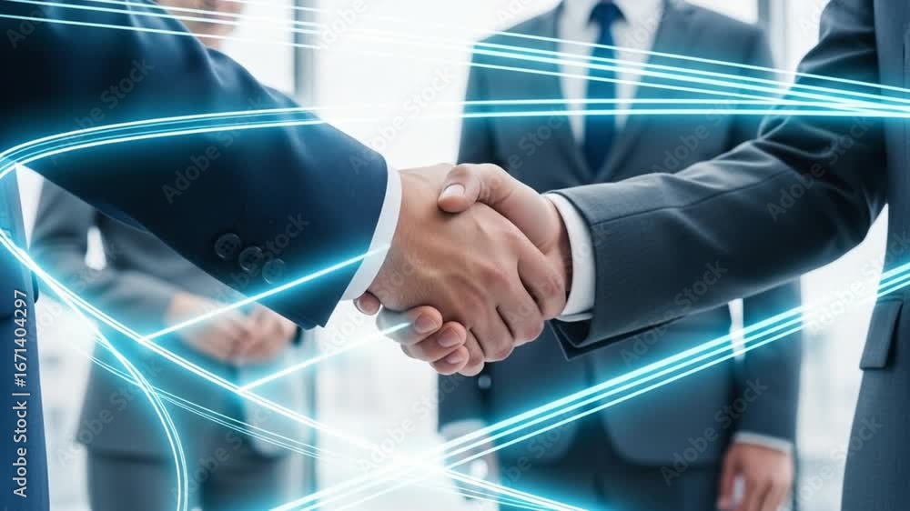 Aufkleber close up of a business handshake with digital lines overlayed in an office setting with people visib
