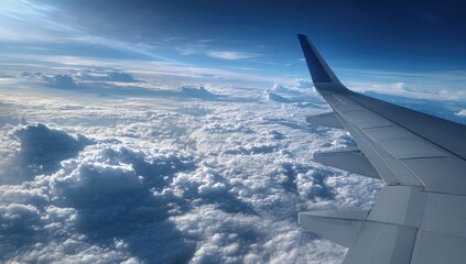 Airplane wing over a vast expanse of clouds. Sunlight streams through the atmosphere