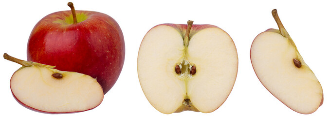 red apple fruit pieces isolated on white background.