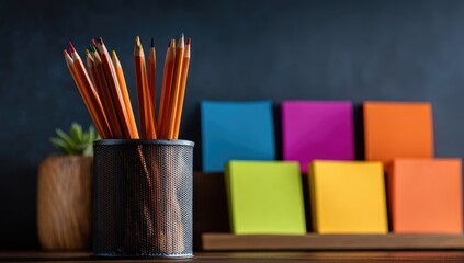 Colorful pencils in a metal container, with colorful sticky notes in the background, and a small succulent plant