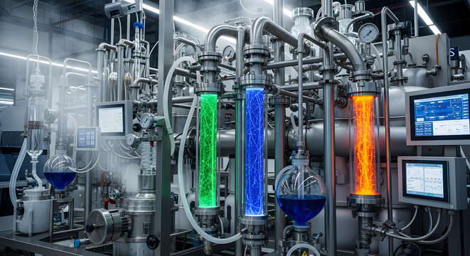 A complex bioreactor in a high-tech laboratory or factory with colorful glowing liquids bubbling in green blue and orange glass tubes amidst a network of steel pipes.