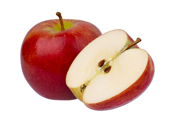 red apple with half apple isolated on white background