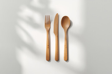Flat lay arrangement of three natural bamboo cutlery pieces on a white surface fork knife