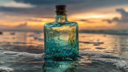 Vintage glass bottle on beach at sunset