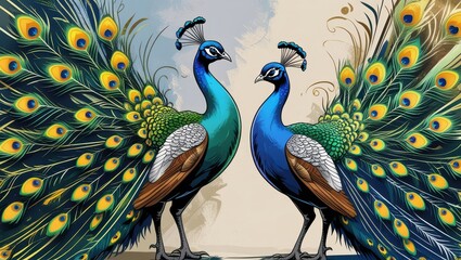 Fototapeta premium Two vibrant peafowl, showcasing intricate details and a rich color palette, stand facing each other in a dynamic artistic display.