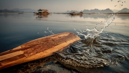 Close-up of a wooden oar splashing water, tranquil river scene