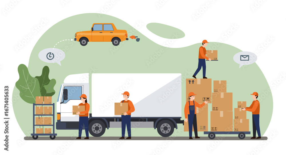 Poster efficient package delivery concept with workers and trucks in flat design