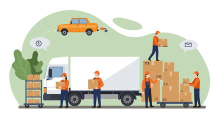 Fototapeta premium Efficient package delivery concept with workers and trucks in flat design
