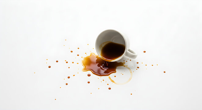 Overturned Coffee Mug with Beverage Spill Isolated on White