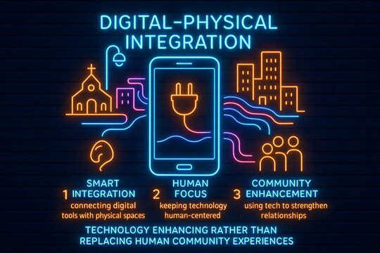 Neon Augmented Reality Technology Integrated on City Street for Futuristic Urban Life Concepts