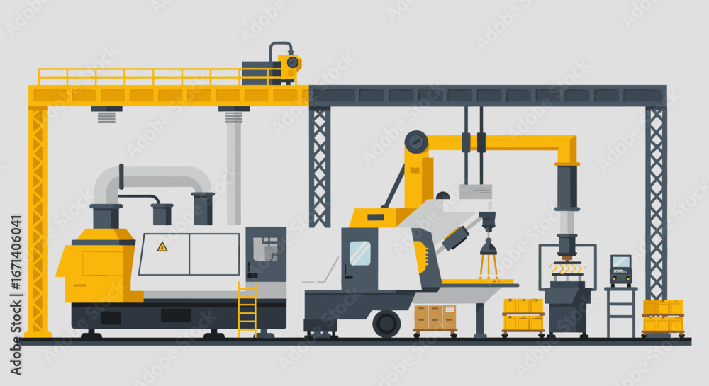 Poster modern industrial factory machines with robotics and automation in flat design
