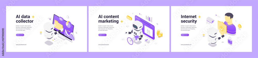 Poster artificial intelligence robot with data analysis charts, content marketing symbols, internet securit
