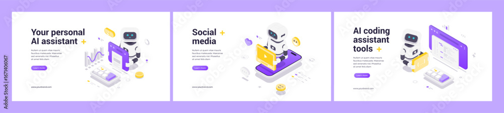 Poster futuristic isometric web banner set with ai robot, coding automation, social media communication, pe