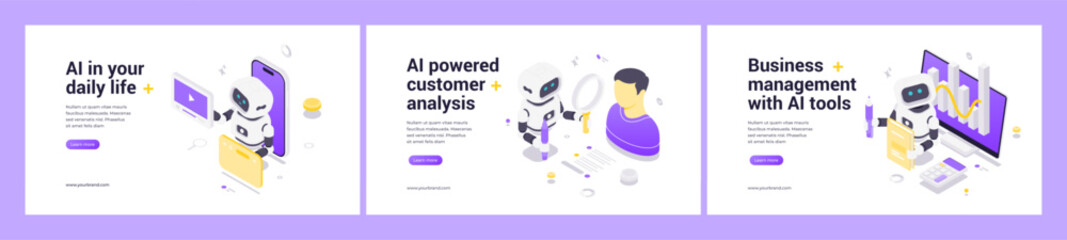 Modern isometric web banner set with AI robot, data analytics, business management, customer analysis, daily life technology, automation, digital interface, growth charts, futuristic design