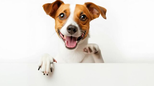 Jack Russell terrier dog is holding a white signboard