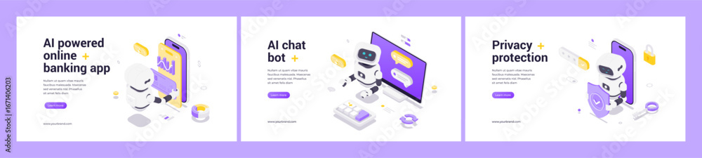 Poster isometric web banners featuring ai robots for online banking automation, chatbot communication, and 