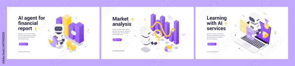 Poster isometric web banners featuring ai robot for financial reports, market trend analysis, and ai-driven
