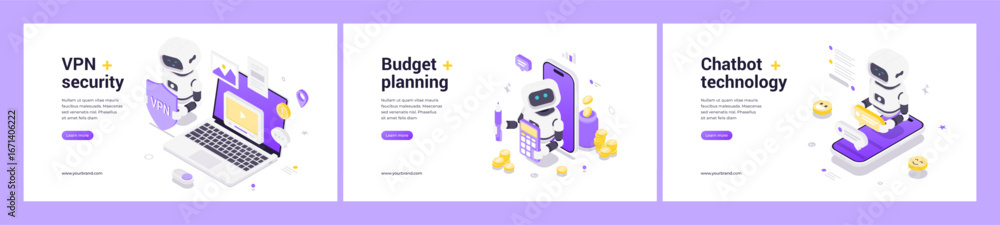 Poster isometric web banners featuring ai robots illustrating vpn security, budget planning tools, and chat
