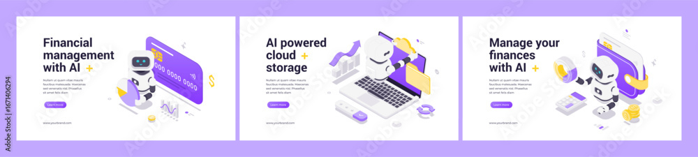 Poster isometric vector set featuring ai robots managing finances with banking, cloud storage, and automate