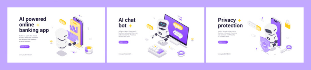 Isometric web banners featuring AI robots for online banking automation, chatbot communication, and privacy protection with digital security icons and futuristic technology design elements.